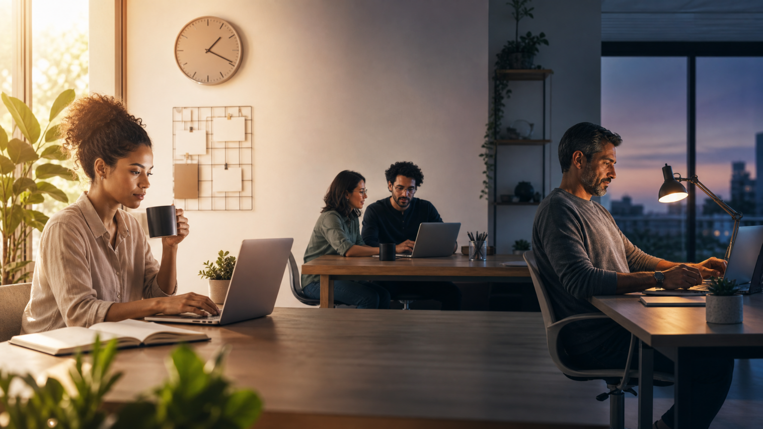 Chronoworking: liberdade ou privilégio no melhor horário? Chronoworking com profissionais trabalhando em horários diferentes e luz de manhã e noite em ambiente híbrido