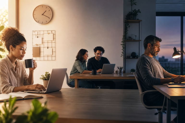Chronoworking com profissionais trabalhando em horários diferentes e luz de manhã e noite em ambiente híbrido