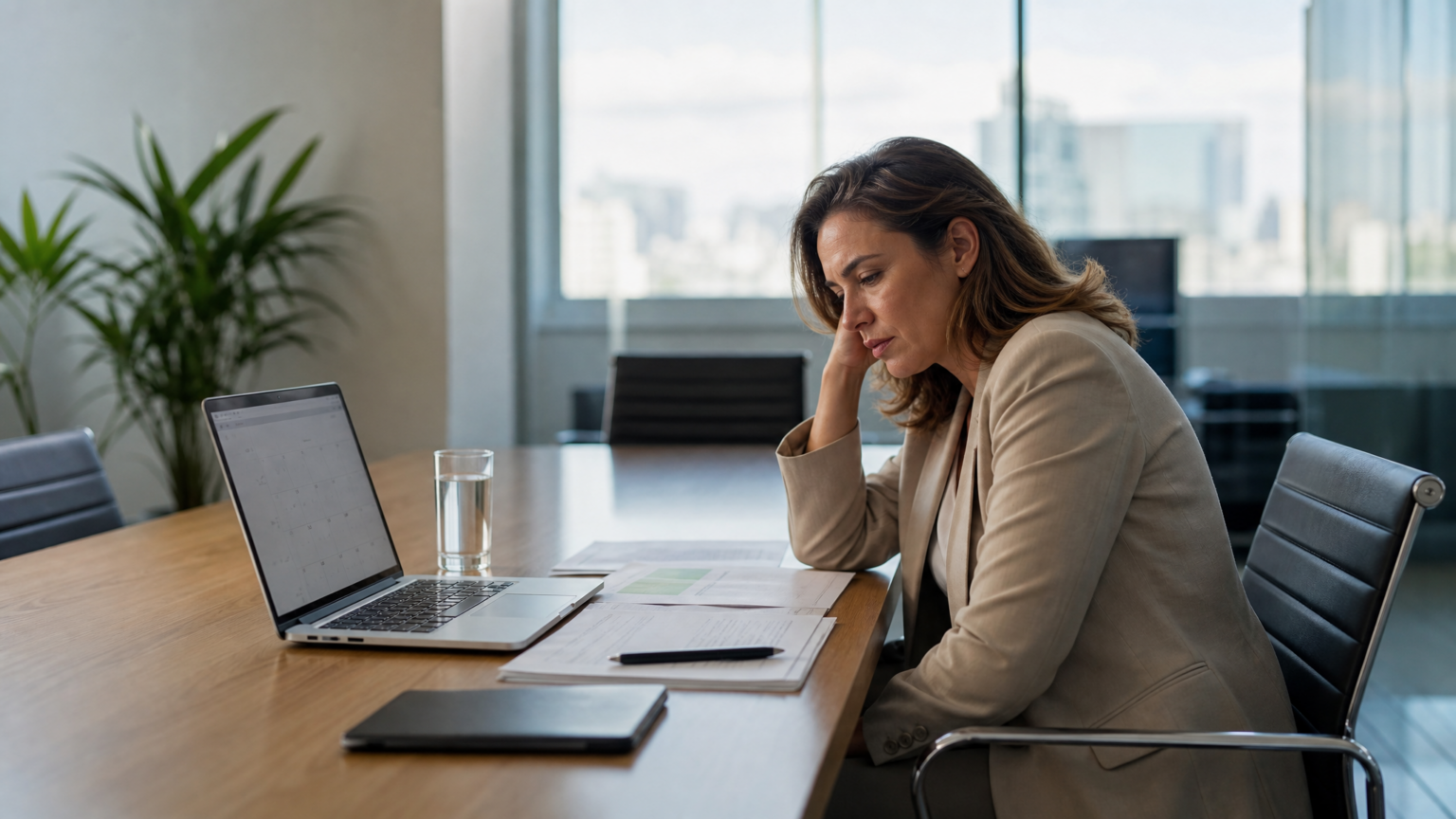 Burnout no RH: quem cuida de quem cuida de todo mundo? Profissional de RH cansada em sala de reunião vazia, representando burnout no RH