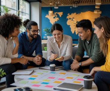 Aprendizagem corporativa com equipe discutindo desenvolvimento contínuo em ambiente de trabalho