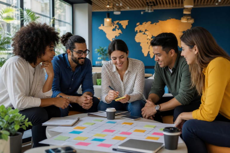 Aprendizagem corporativa com equipe discutindo desenvolvimento contínuo em ambiente de trabalho