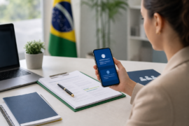 Contrato em aberto na Carteira Digital exibido em celular com documentos de trabalho ao lado