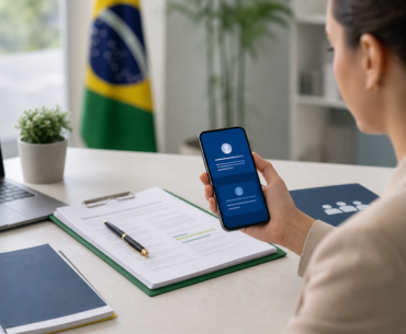 Contrato em aberto na Carteira Digital exibido em celular com documentos de trabalho ao lado