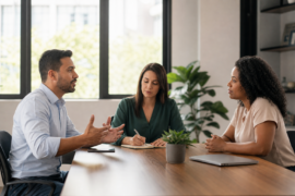 Gestão de conflitos no trabalho com RH e liderança mediando conversa em ambiente corporativo