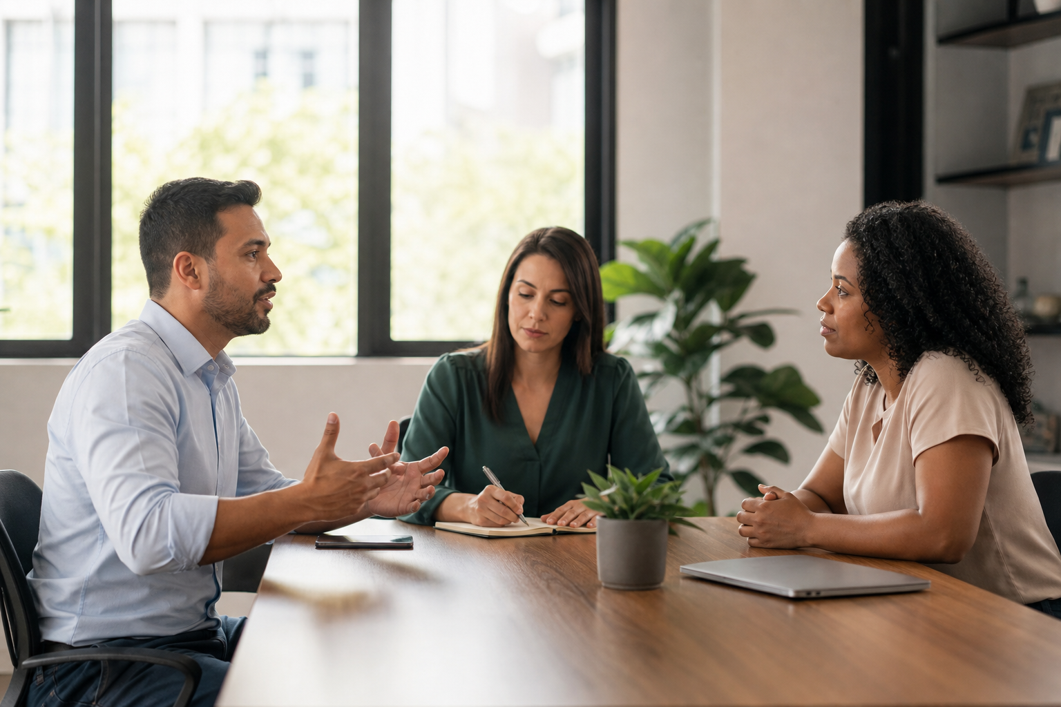 Gestão de conflitos no trabalho: roteiro para RH e liderança Gestão de conflitos no trabalho com RH e liderança mediando conversa em ambiente corporativo