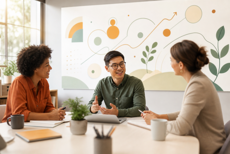 Gestão orientada para o desenvolvimento com líder e RH acompanhando evolução de pessoas da equipe