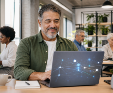 Profissional 50 mais usando IA depois dos 50 como vantagem no trabalho