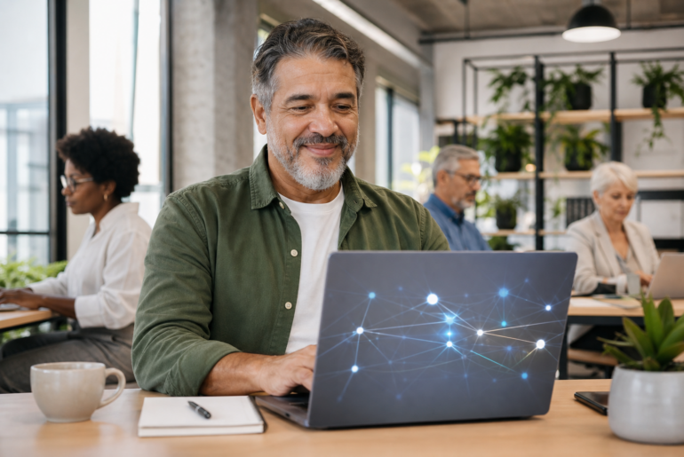 Profissional 50 mais usando IA depois dos 50 como vantagem no trabalho