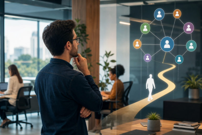 mobilidade interna no RH com profissional avaliando oportunidades de carreira dentro da empresa