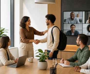 Onboarding híbrido com líder recebendo novo colaborador em reunião com equipe online e presencial