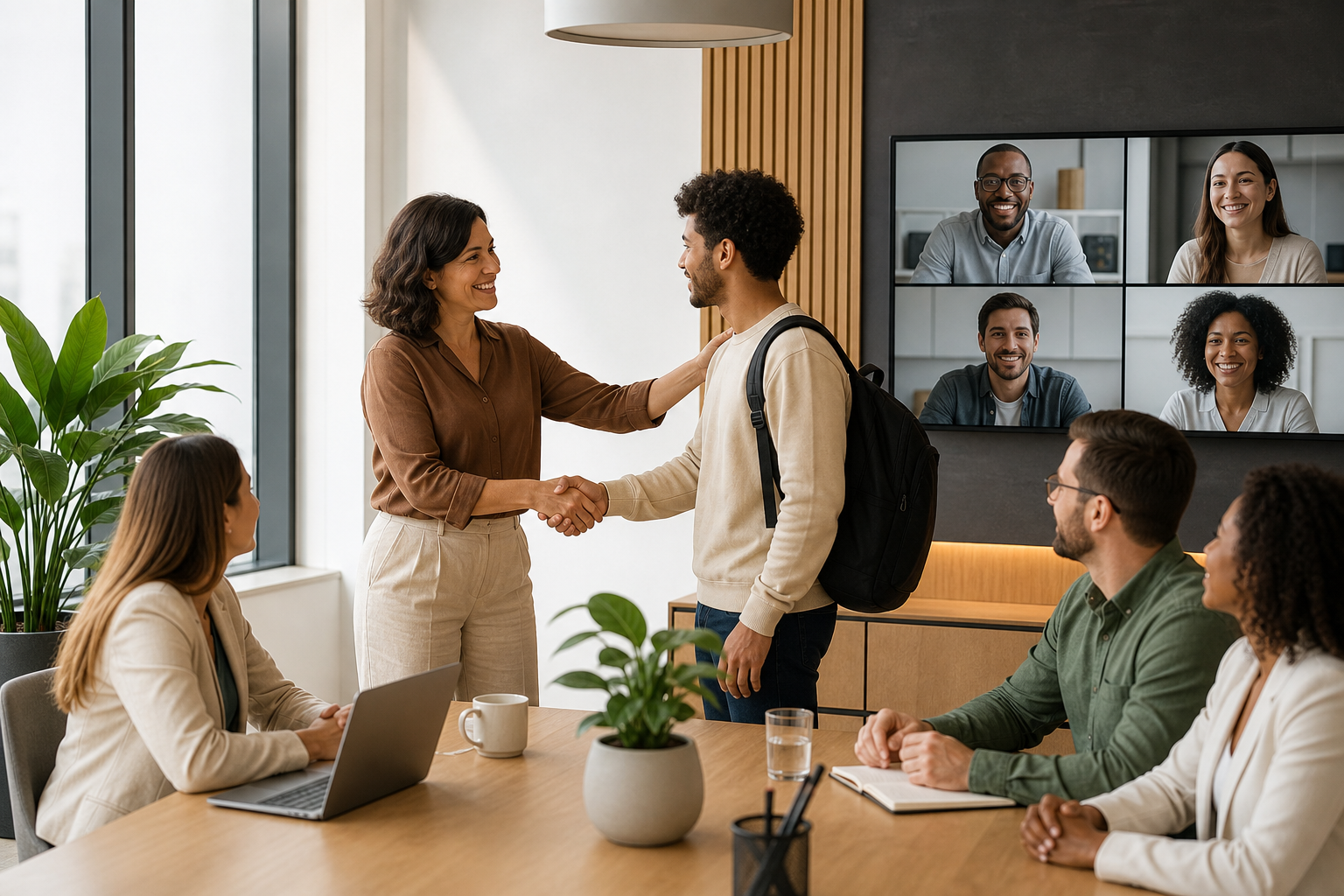 Onboarding híbrido: roteiro de 30, 60 e 90 dias Onboarding híbrido com líder recebendo novo colaborador em reunião com equipe online e presencial