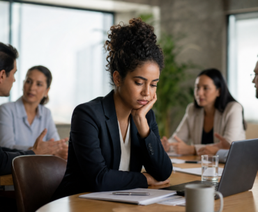 Quiet cracking no trabalho: profissional em reunião com sinais de desgaste silencioso e desconexão