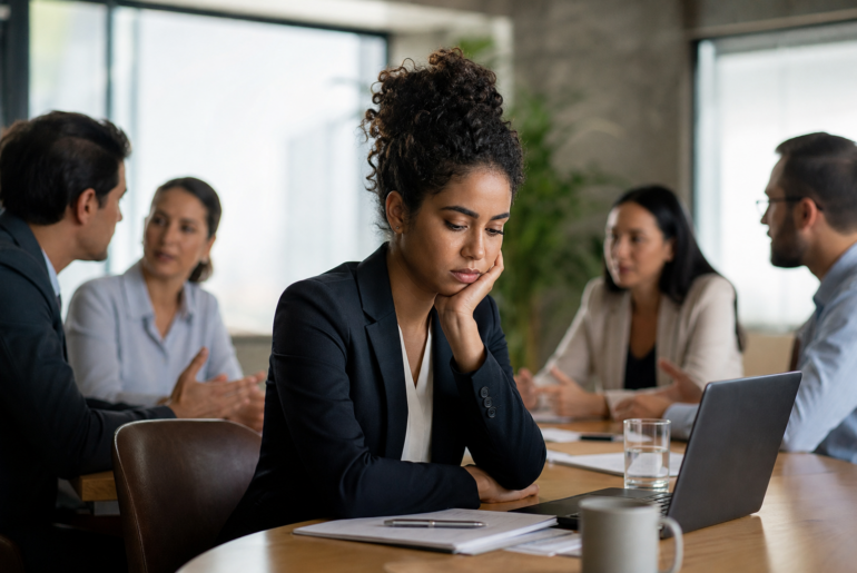 Quiet cracking no trabalho: profissional em reunião com sinais de desgaste silencioso e desconexão