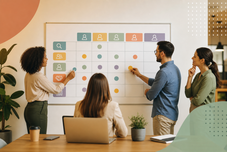 Matriz RACI no RH com pessoas definindo responsabilidades em um quadro de processos