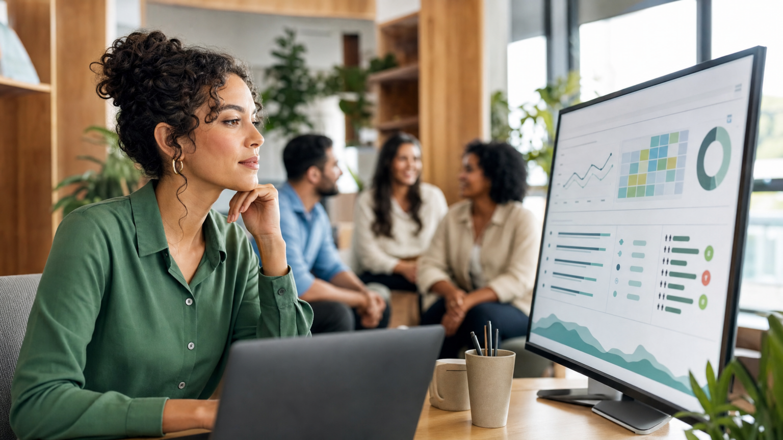 Profissional de RH analisando painel de RH preditivo com dados agregados de pessoas em ambiente corporativo