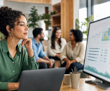 Profissional de RH analisando painel de RH preditivo com dados agregados de pessoas em ambiente corporativo