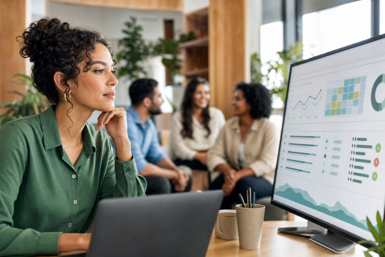 Profissional de RH analisando painel de RH preditivo com dados agregados de pessoas em ambiente corporativo