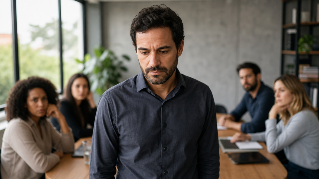 Líder em sala de reunião discreta refletindo após conversa difícil sobre saúde mental no trabalho