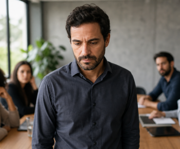 Líder em sala de reunião discreta refletindo após conversa difícil sobre saúde mental no trabalho