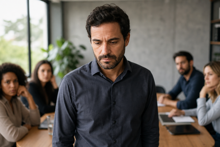 Líder em sala de reunião discreta refletindo após conversa difícil sobre saúde mental no trabalho