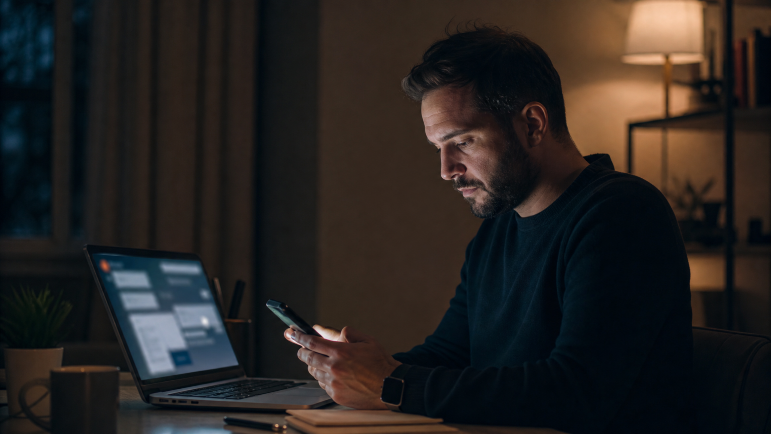 A empresa chama de urgência, mas virou hiperconexão no trabalho Profissional olhando notificações no celular à noite, representando hiperconexão no trabalho e limites digitais.
