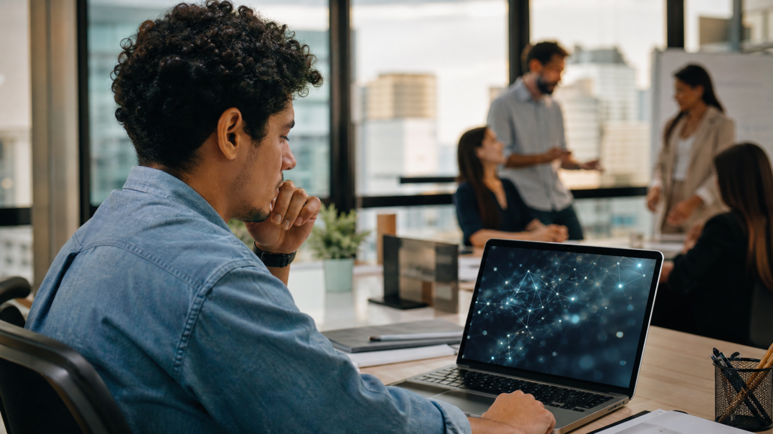Jovem profissional diante de laptop com interface abstrata de IA em ambiente corporativo, representando IA e primeiro emprego