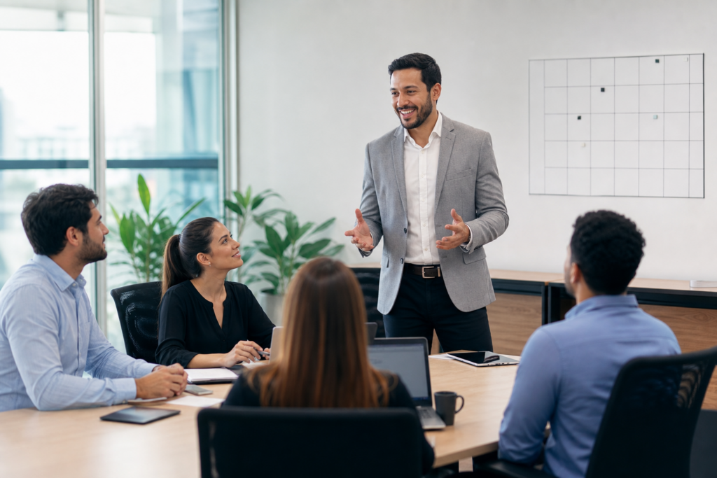 Onboarding de líderes: plano 30-60-90 dias Novo líder em reunião de onboarding com equipe e plano 30 60 90 dias