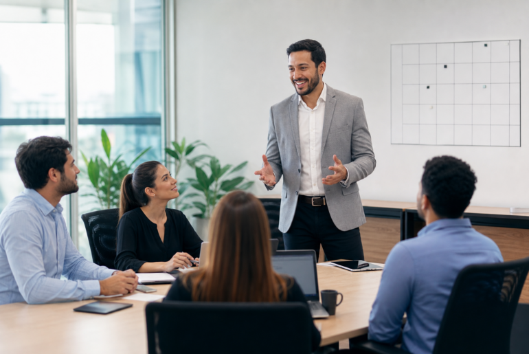 Novo líder em reunião de onboarding com equipe e plano 30 60 90 dias