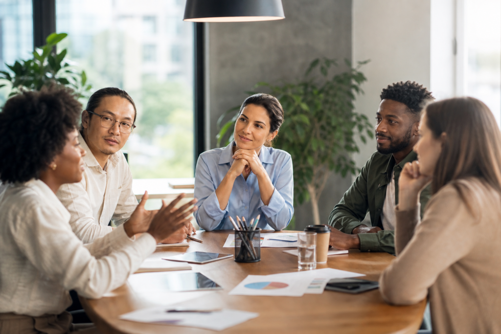Segurança psicológica no trabalho: espaço seguro para falar Segurança psicológica no trabalho em reunião de equipe com espaço seguro para falar
