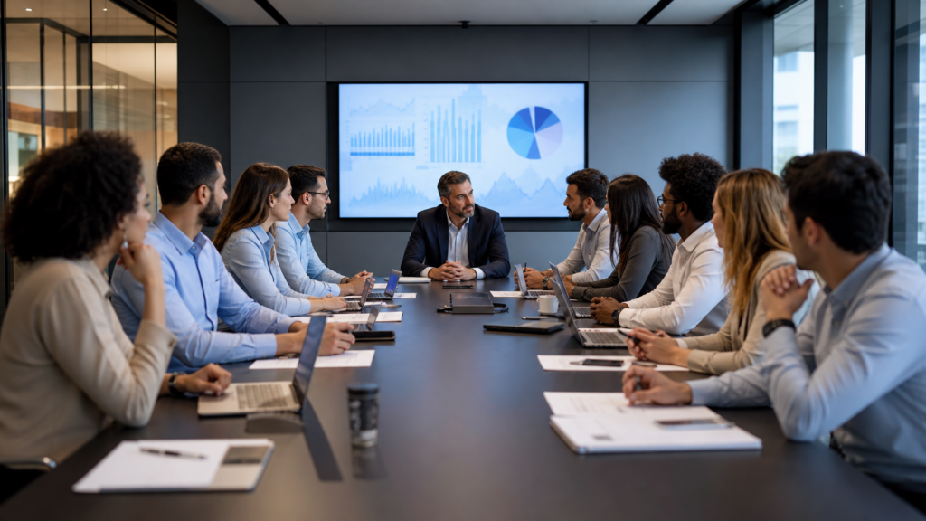 Span of control: quando o gestor lidera gente demais Gestor em reunião com equipe numerosa, representando span of control e liderança sobrecarregada