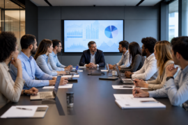 Gestor em reunião com equipe numerosa, representando span of control e liderança sobrecarregada