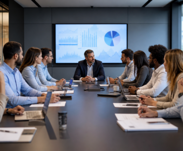 Gestor em reunião com equipe numerosa, representando span of control e liderança sobrecarregada