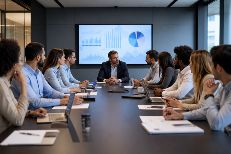 Gestor em reunião com equipe numerosa, representando span of control e liderança sobrecarregada