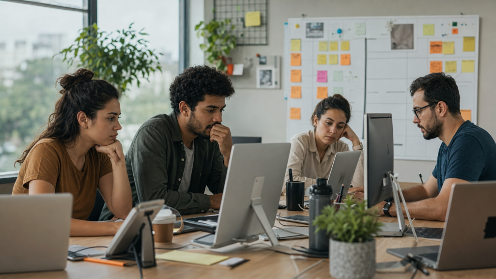 Fadiga de mudança no trabalho: quando a equipe cansa de recomeçar fadiga de mudança no trabalho com equipe cansada diante de telas e quadro de prioridades