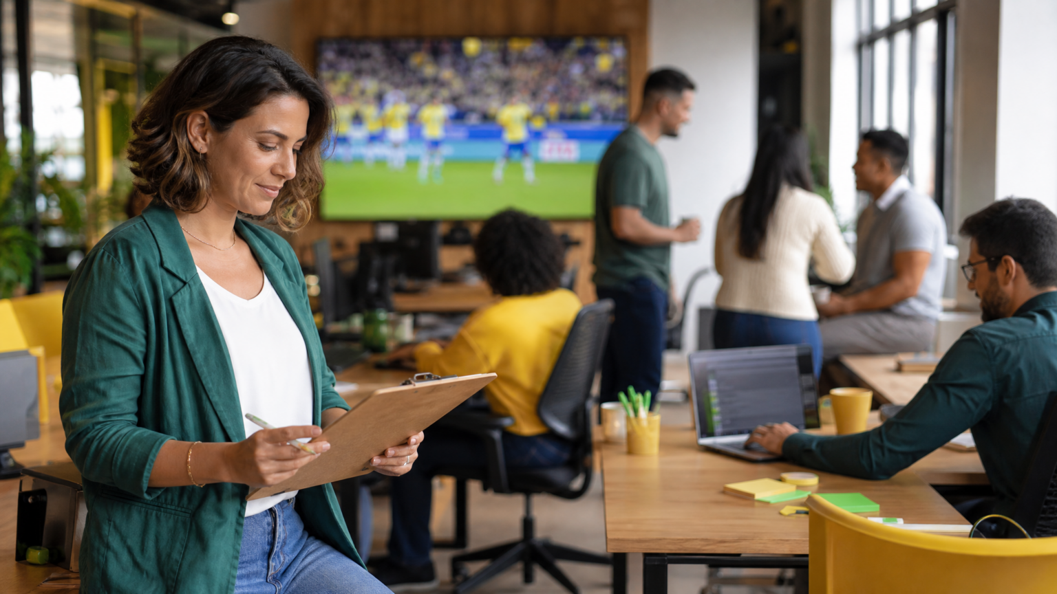 Copa no expediente: como combinar confiança e entrega Copa no expediente com equipe em ambiente corporativo assistindo jogo de forma organizada