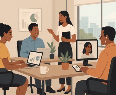 Flexibilidade no trabalho em equipe híbrida discutindo retenção de talentos
