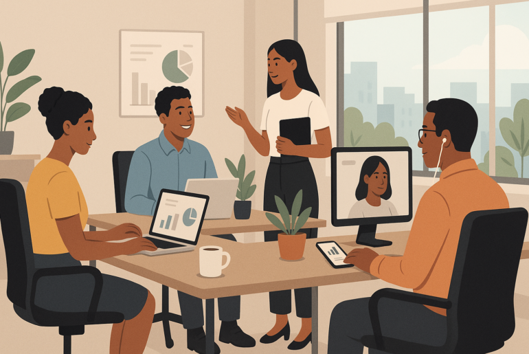 Flexibilidade no trabalho em equipe híbrida discutindo retenção de talentos