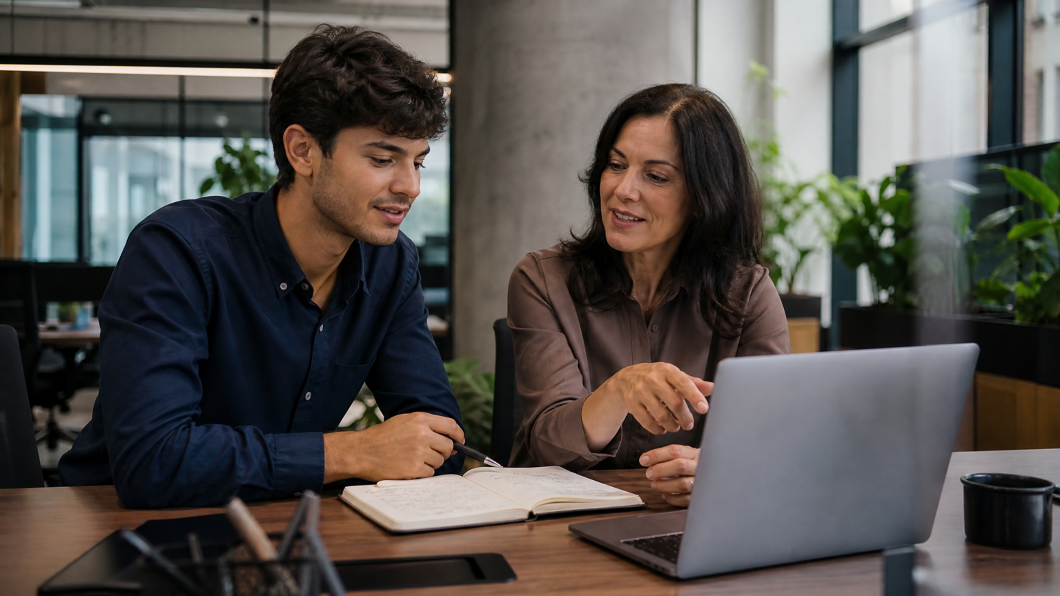 Geração Z no trabalho: maturidade pede contexto Geração Z no trabalho recebendo orientação de uma liderança em ambiente corporativo