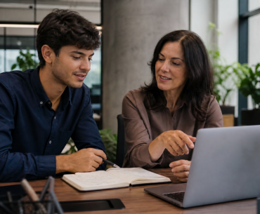 Geração Z no trabalho recebendo orientação de uma liderança em ambiente corporativo