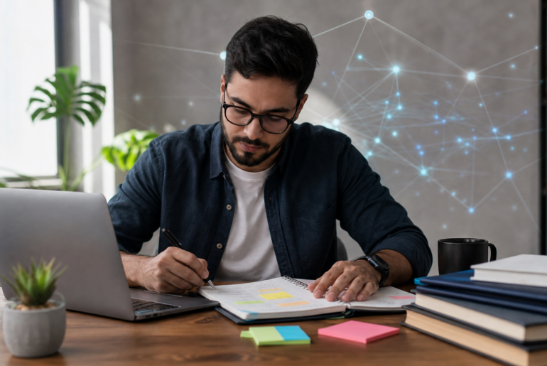Profissional estudando o que aprender sobre IA com foco em fundamentos e prática no trabalho