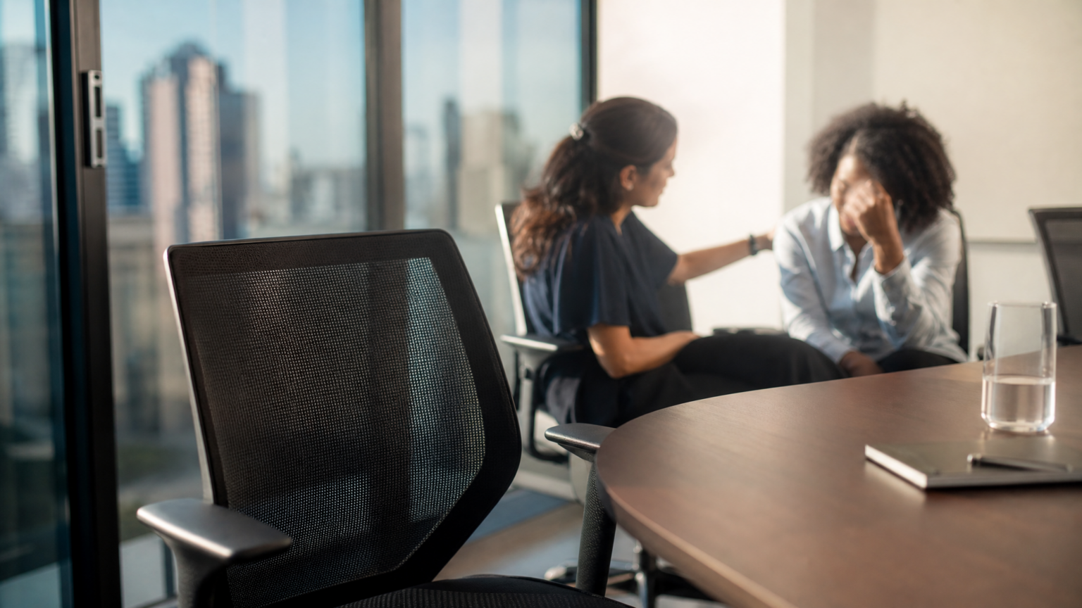 Cadeira vazia em ambiente de trabalho simbolizando luto no trabalho e acolhimento pela liderança