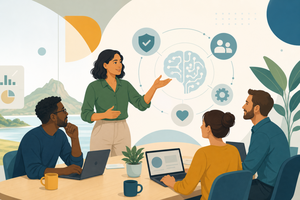 uso de IA na equipe com líderes orientando decisões responsáveis no trabalho