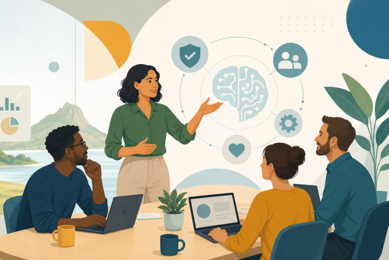 uso de IA na equipe com líderes orientando decisões responsáveis no trabalho