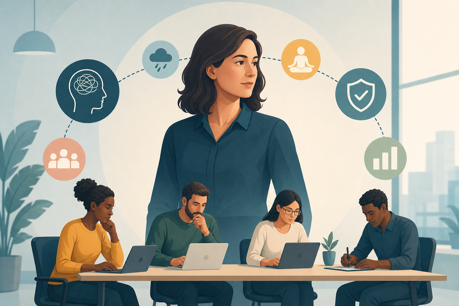 Riscos Psicossociais no Trabalho: Guia Prático para Lideranças Riscos psicossociais no trabalho observados por lideranças em uma equipe reunida com cuidado e responsabilidade