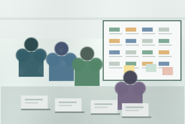 Equipe de RH analisando uma matriz de competências em reunião de desenvolvimento
