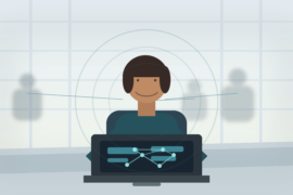 IA e solidão no trabalho em uma equipe corporativa com profissional usando notebook e colegas ao fundo