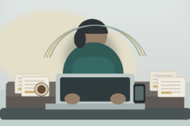 Ilustração editorial de pessoa trabalhando à noite com documentos e notebook, simbolizando ambiente tóxico no trabalho e pressão financeira.