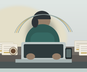 Ilustração editorial de pessoa trabalhando à noite com documentos e notebook, simbolizando ambiente tóxico no trabalho e pressão financeira.