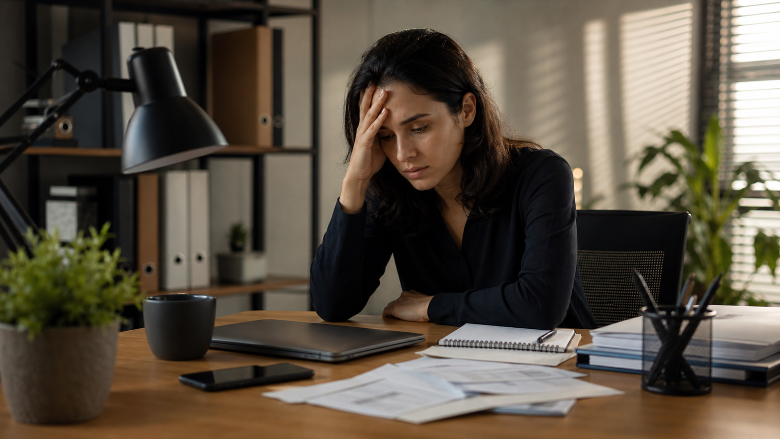 Ambiente tóxico no trabalho: a regra ajuda, mas não paga a conta Pessoa preocupada no trabalho diante de pressão emocional e financeira em ambiente tóxico