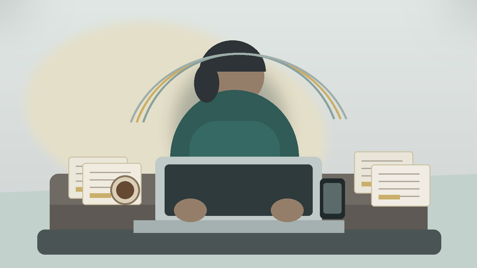 Ambiente tóxico no trabalho: a regra ajuda, mas não paga a conta Ilustração editorial de pessoa trabalhando à noite com documentos e notebook, simbolizando ambiente tóxico no trabalho e pressão financeira.